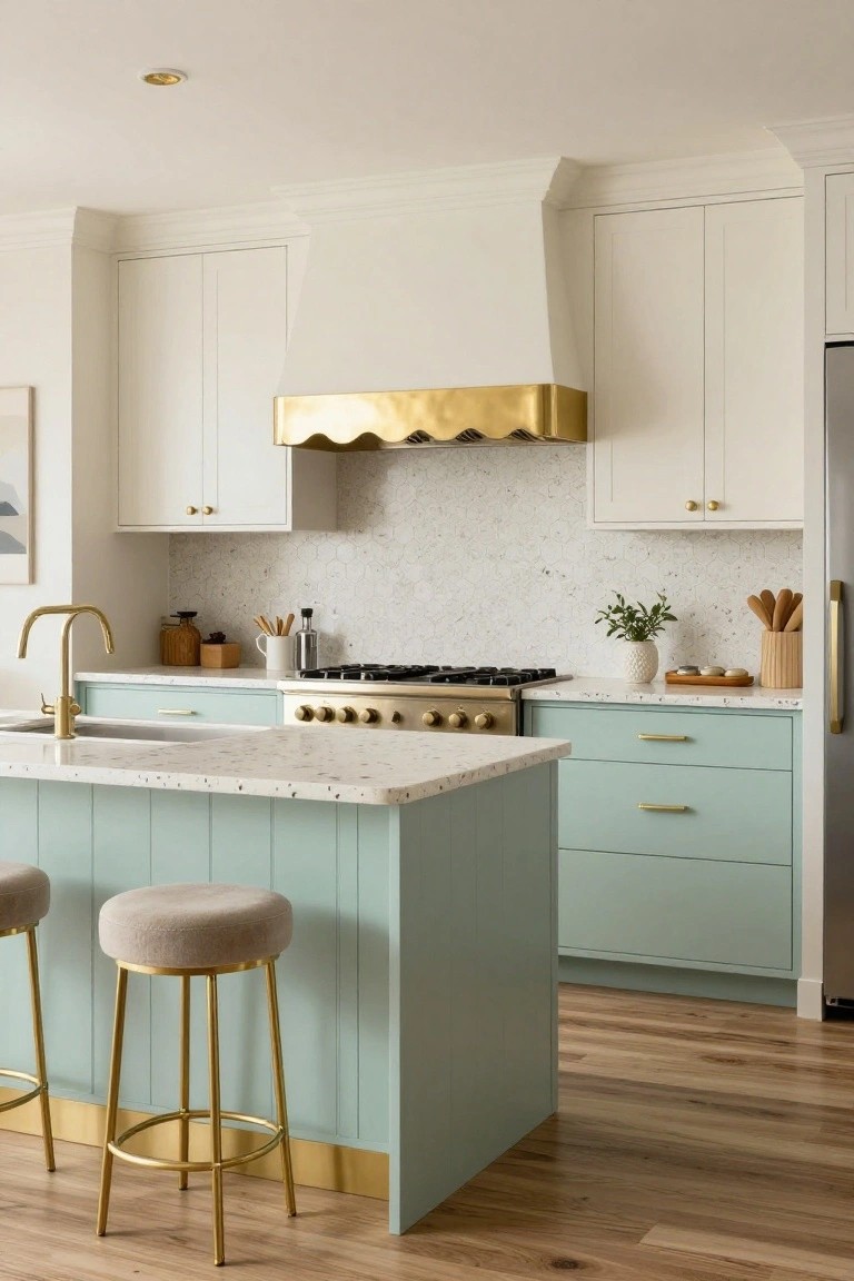 Kitchen with mint green lower cabinets and island, white upper cabinets, white hexagonal tile backsplash, gold range hood, gold faucet and hardware, terrazzo-like countertops, and two cream upholstered stools with gold legs on wood floors.