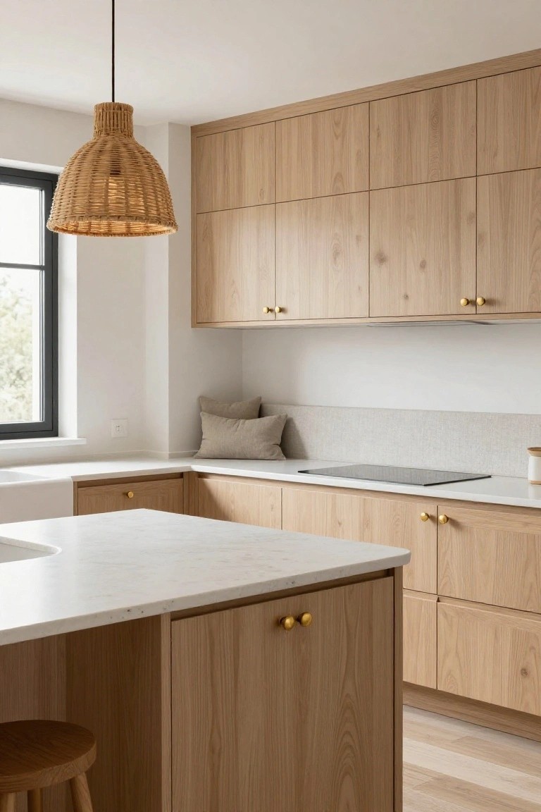 Light oak kitchen cabinets with gold knobs and pulls, white countertops, integrated cooktop, farmhouse sink, beige backsplash, rattan pendant light, and wooden stool at island.