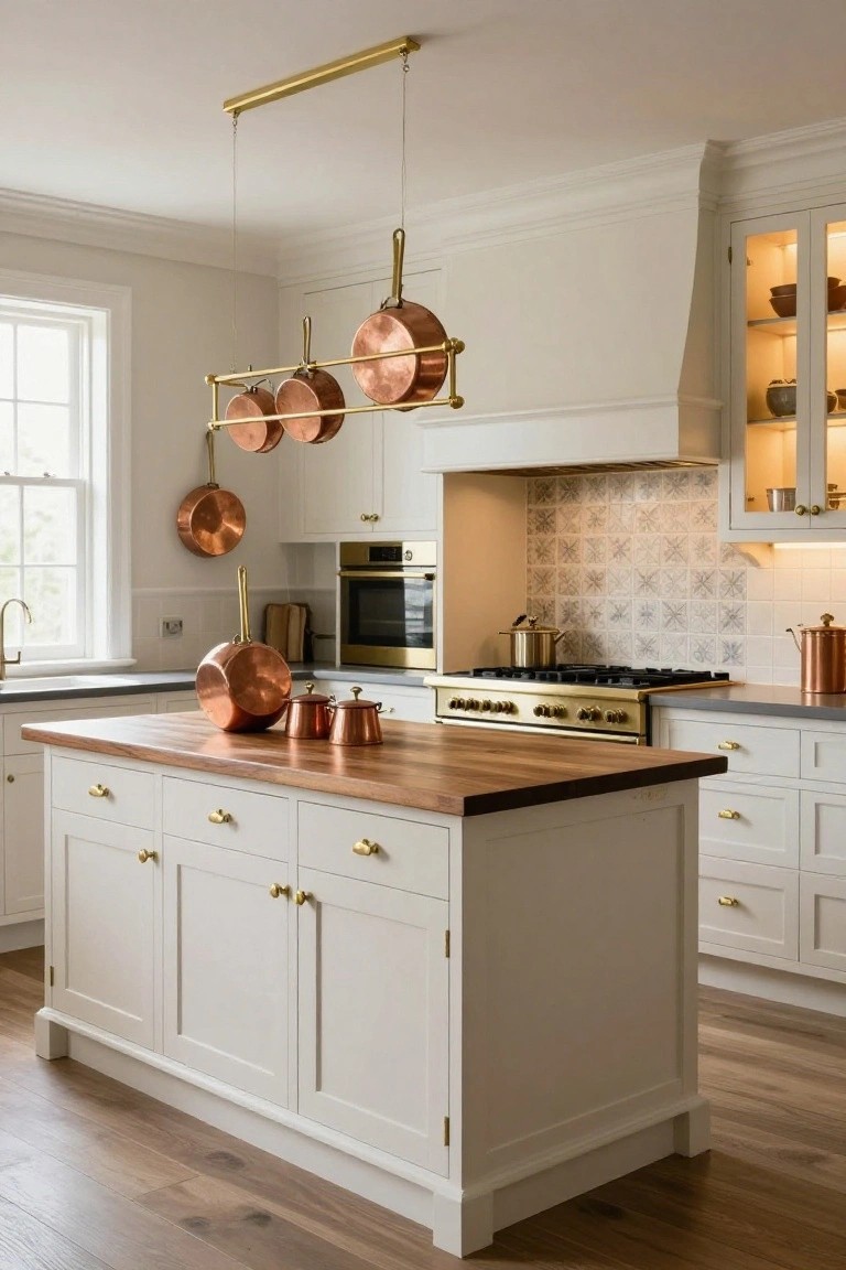 White Shaker-style kitchen with wooden island, gold-handled cabinets, hanging gold pot rack displaying copper pots and pans, gold gas range, and white subway tile backsplash.