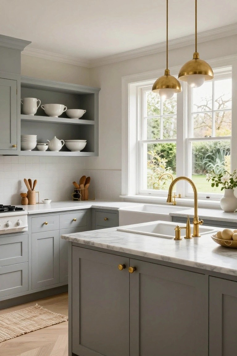 A kitchen with light gray shaker-style cabinets, white subway tile backsplash, marble countertops, gold faucet and knobs, and two brass pendant lights above the sink near a window.