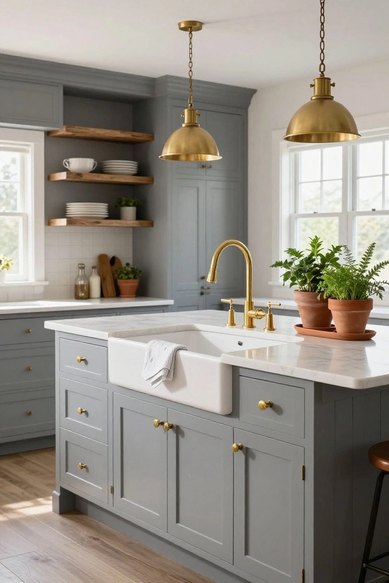 Gray shaker-style kitchen cabinets with gold hardware, white farmhouse sink and gold faucet on marble island countertop, brass pendant lights, wood open shelves, and potted plants near windows.