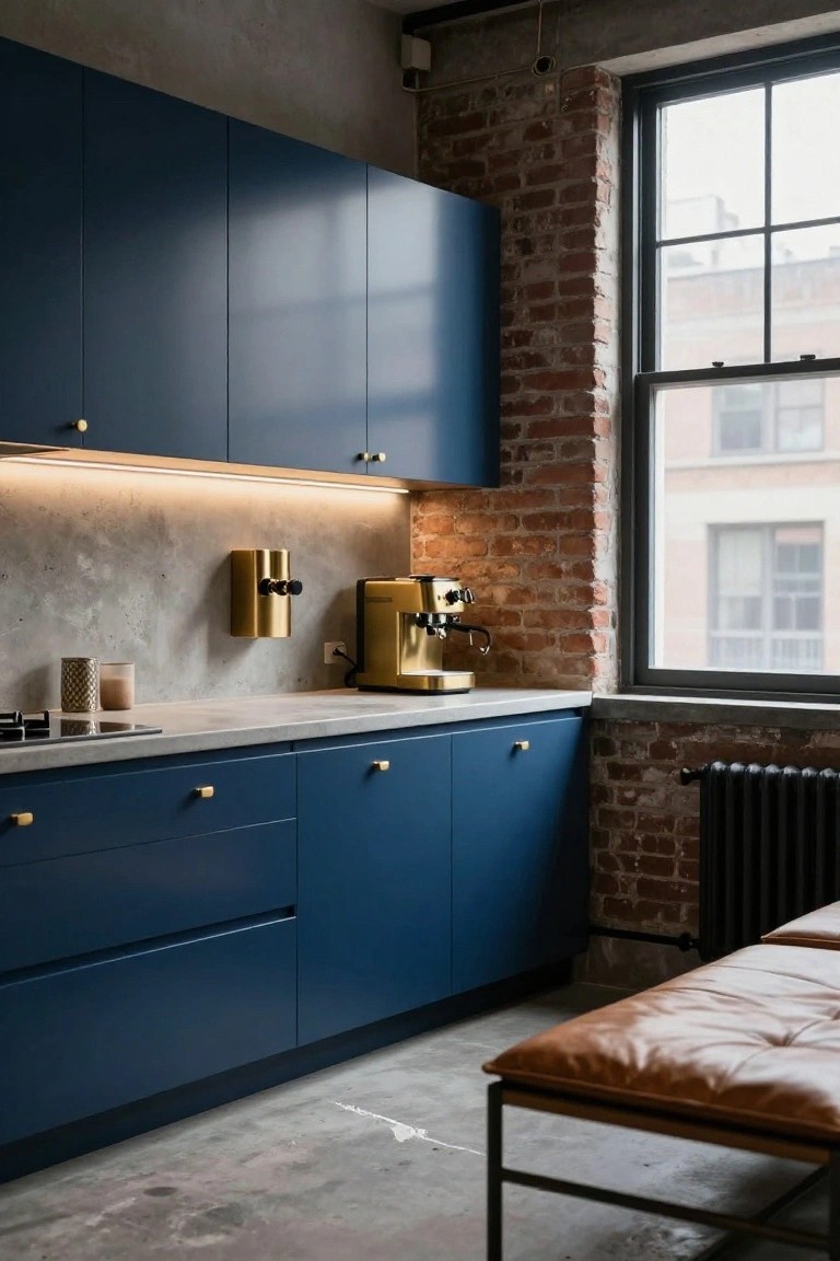Kitchen interior featuring navy blue cabinets with gold hardware pulls, a brass espresso machine on white countertop, concrete backsplash, exposed brick wall, and large window with black radiator.