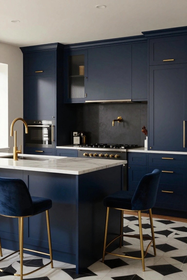 Navy Cabinets with Gold Hardware