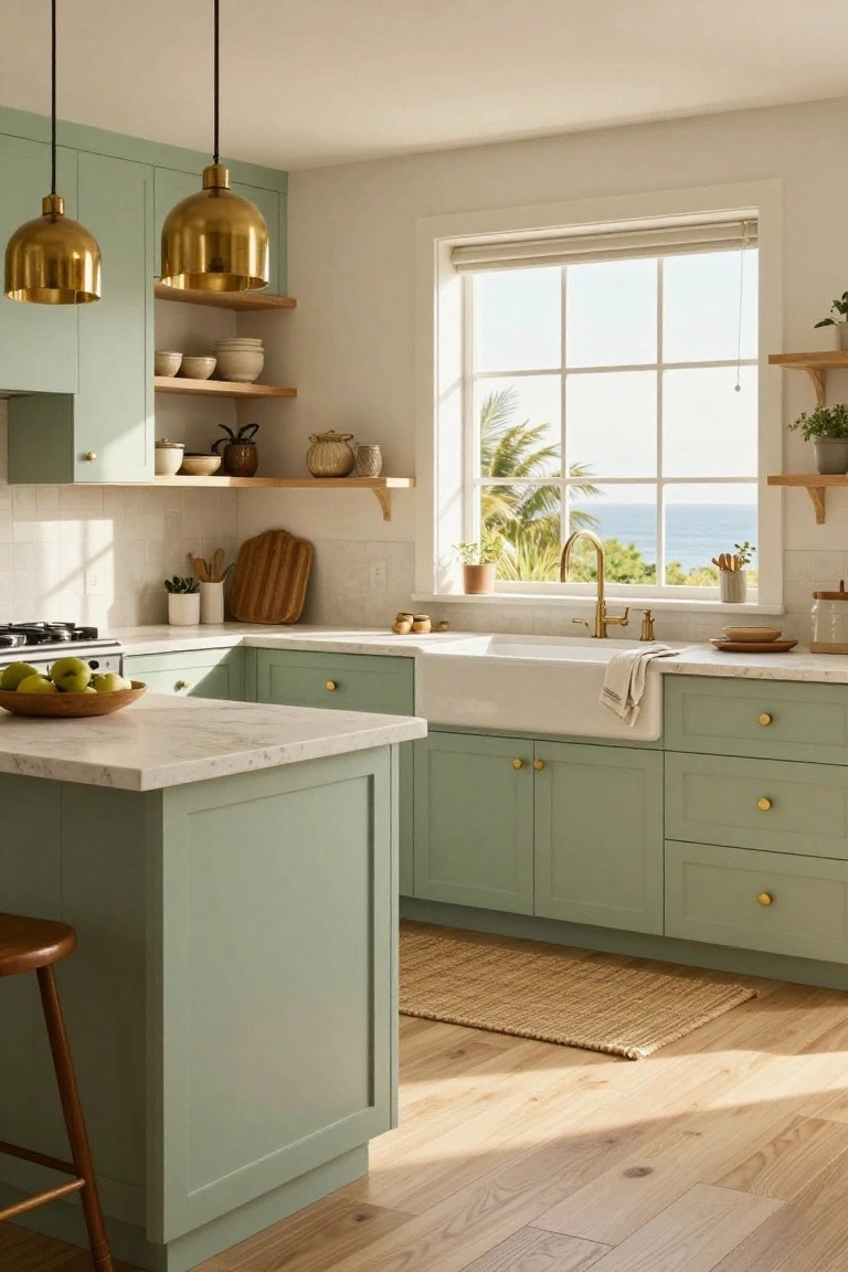 Sage green kitchen cabinets with gold knobs and pulls, gold pendant lights hanging above an island, white subway tile backsplash, farmhouse sink with gold faucet, and large window showing ocean view.