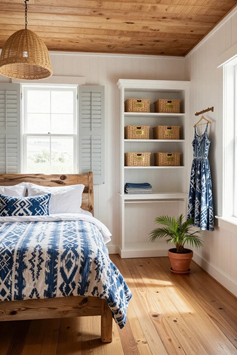 A bedroom with a wooden bed draped in blue ikat bedding, adjacent white built-in closet featuring open shelves with wicker baskets, a hanging blue dress on a rod, rattan pendant light overhead, and a potted palm plant on wooden floors.