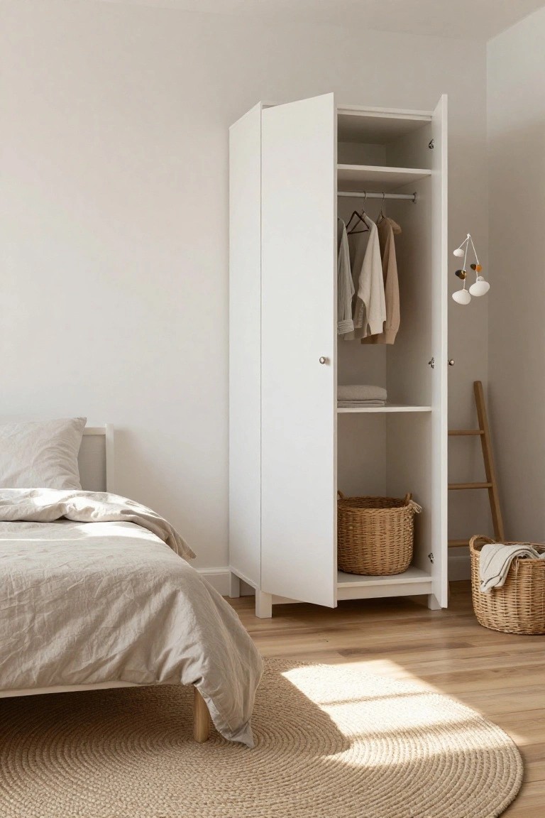 Tall open white wardrobe in a bedroom with hanging light-colored clothes, folded linens on a shelf, and two wicker baskets on the bottom shelf, positioned beside a bed with beige linens, wooden floors, seagrass rug, and natural light from a window.
