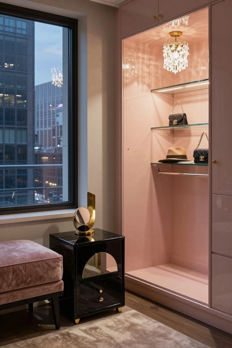 Walk-in closet with blush pink lacquered walls and cabinetry, glass shelves holding handbags and hats, crystal chandelier, hanging rod, black side table with gold sculptural mirror, purple velvet bench, and large window showing city buildings at dusk.