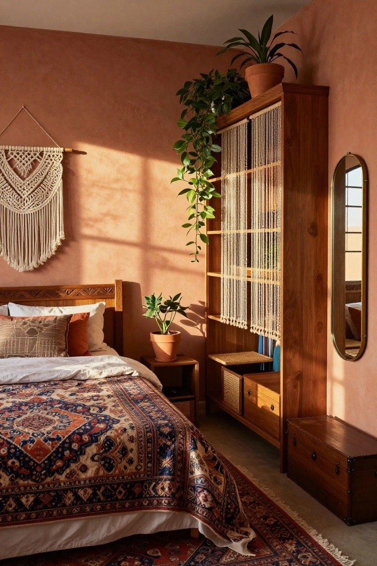 Sunlit bedroom with terracotta walls, wooden bed draped in patterned rug and pillows, tall open wooden shelving unit with vertical beaded strands as wardrobe dividers, potted plants, macrame wall hanging, and round mirror.