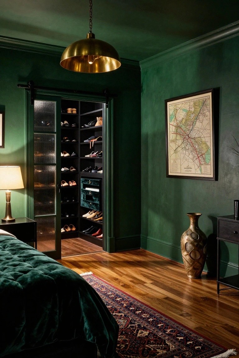Bedroom interior with deep green walls, open black sliding doors with frosted glass revealing shoe shelves in a walk-in closet, green velvet bed on hardwood floor, brass pendant light, table lamp, vase, and map on wall.