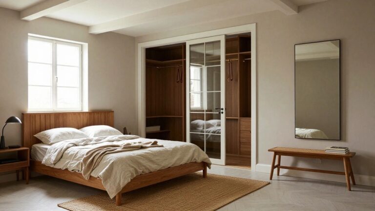 Bright bedroom interior with exposed wooden beam ceiling, white walls, herringbone oak floor, low wooden platform bed draped in white linens, and adjacent tall wooden wardrobe with open hanging space, shelves, and full-length mirror beside a large open window.