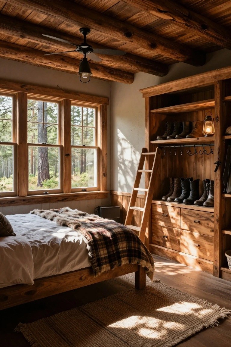 Rustic bedroom with wooden beamed ceiling, ceiling fan, large triple window showing pine forest, wooden bed with white sheets fur throw and plaid blanket, and tall wooden built-in wardrobe with ladder shelves of boots hanging hooks and lanterns.