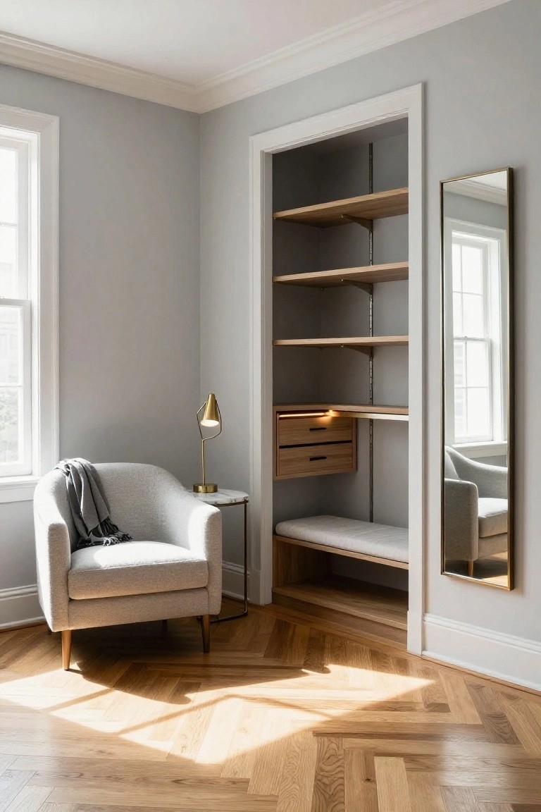 Corner bedroom view showing an open walk-in closet with light wood shelving, drawers, bench seat, and full-length mirror next to a gray upholstered armchair, brass lamp on marble table, herringbone oak floors, and gray walls with natural window light.