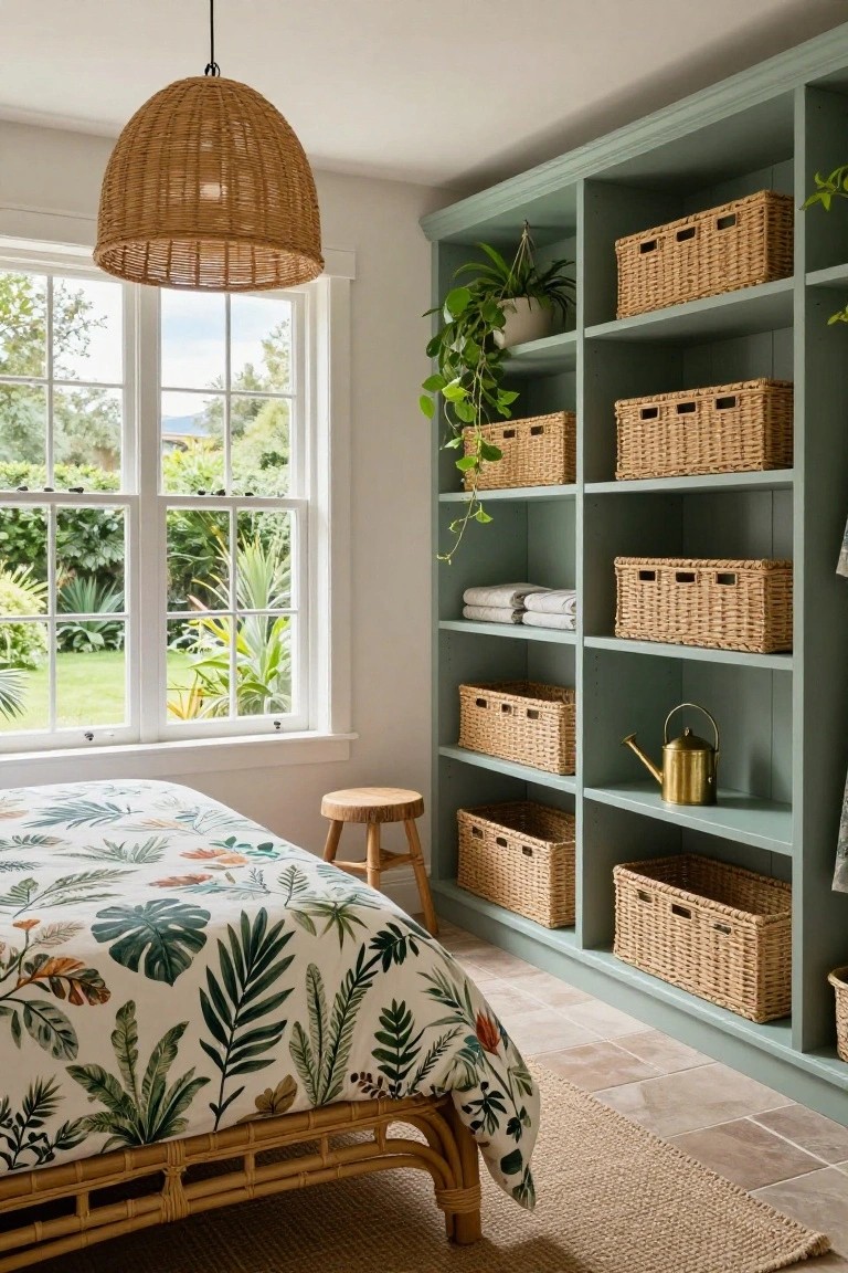 A bedroom with a teal-painted built-in shelving unit filled with woven baskets containing linens and plants, a rattan bed with tropical leaf-patterned bedding, wooden stool, brass watering can, and large window overlooking a lush garden.