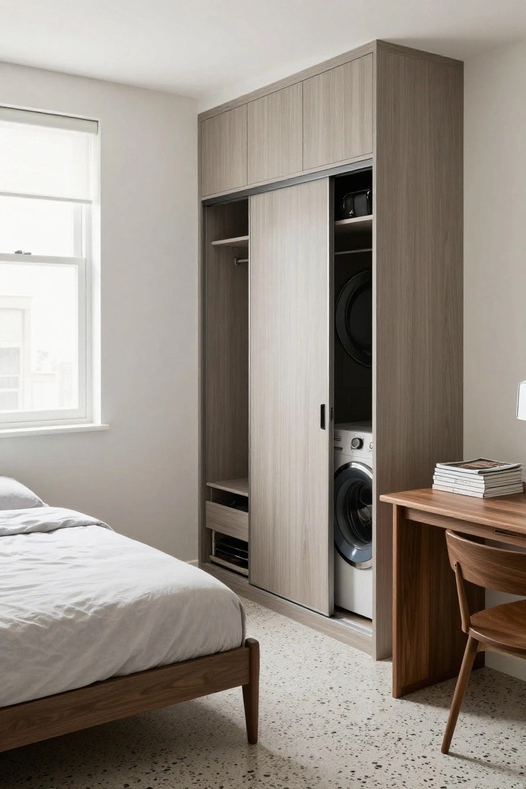 A bedroom with a tall light gray wood wardrobe featuring open sliding doors revealing clothes hanging rods, shelves with a handbag, a stacked washer and dryer, and lower drawers, positioned beside a white bed with wooden frame and a wooden desk with chair on a speckled floor.