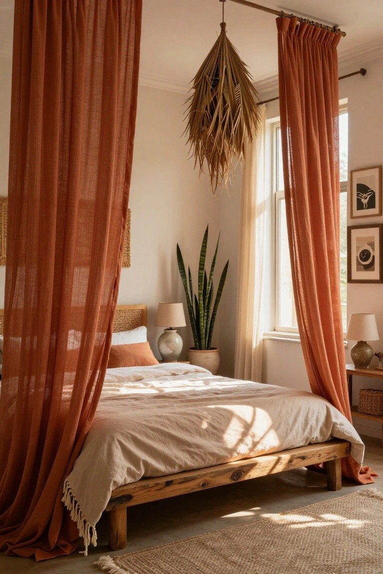 Cozy bedroom with terracotta curtains, wooden bed, and woven pendant light.