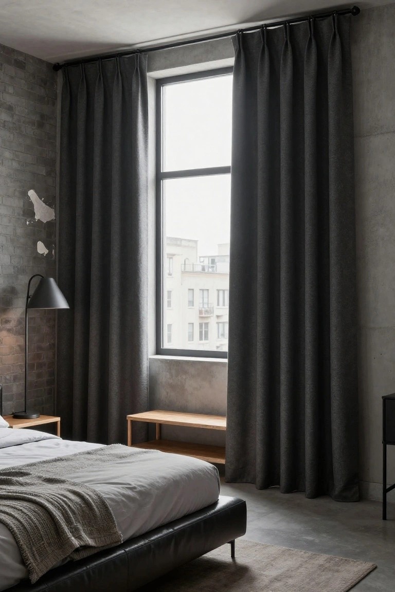 Modern bedroom featuring dark gray pleated floor-to-ceiling curtains on a large corner window, exposed brick and concrete walls, black arc floor lamp, leather platform bed with white sheets and gray throw, wooden benches, and black metal side table.