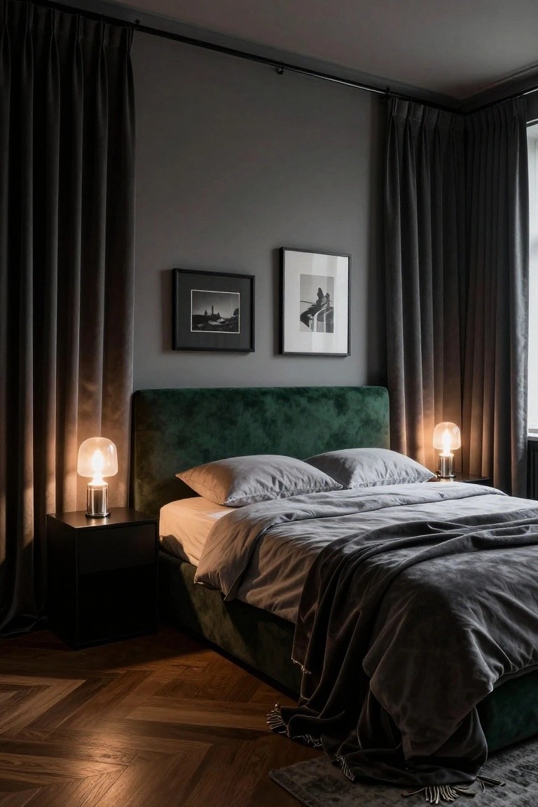 Modern bedroom with emerald green velvet upholstered bed, gray linens and throw, black nightstands holding lit globe lamps, dark gray floor-to-ceiling curtains on two walls, two black-framed photos on gray wall, and herringbone wood floor.
