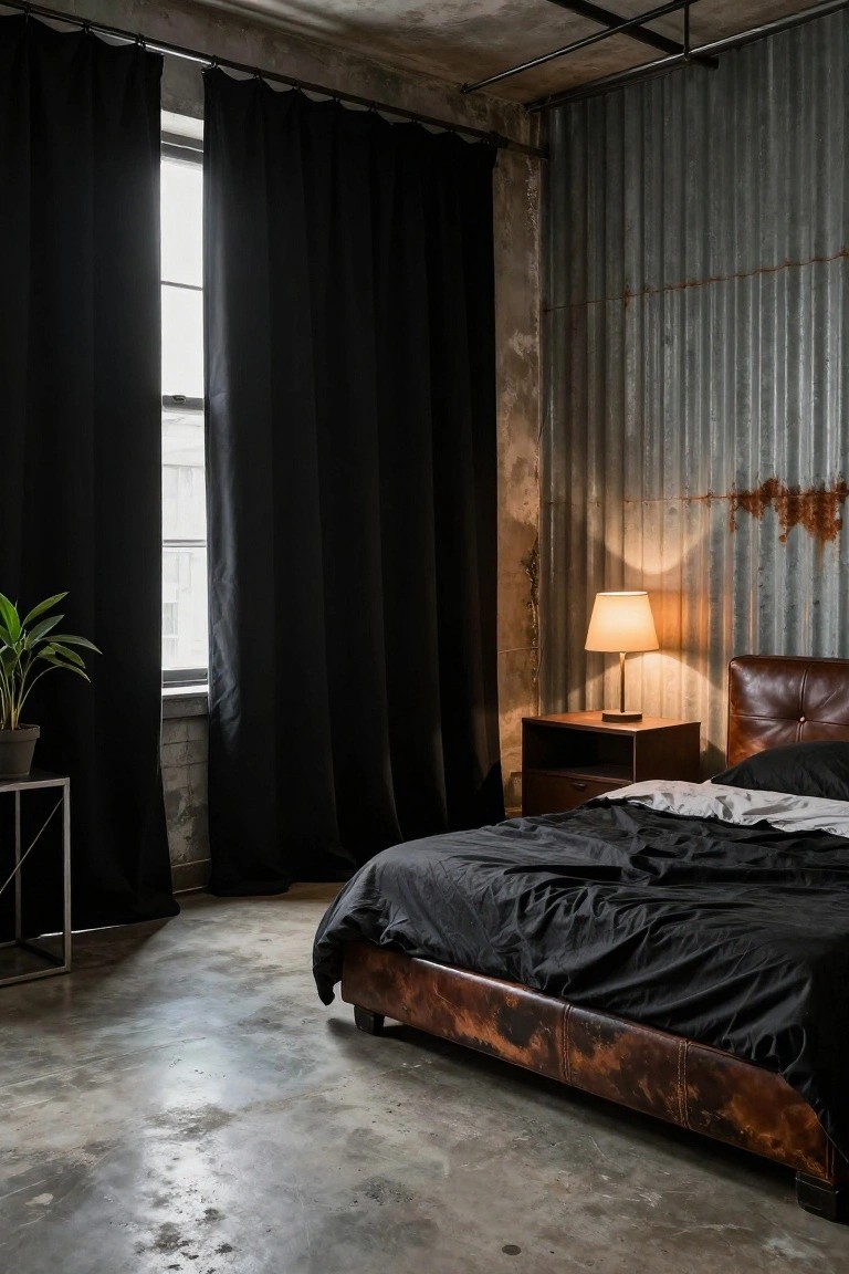 Industrial bedroom with tall black floor-to-ceiling curtains over large windows, black sheets on a brown leather bed, wooden nightstand with lamp, potted plant on metal stand, concrete floor, and corrugated metal wall.