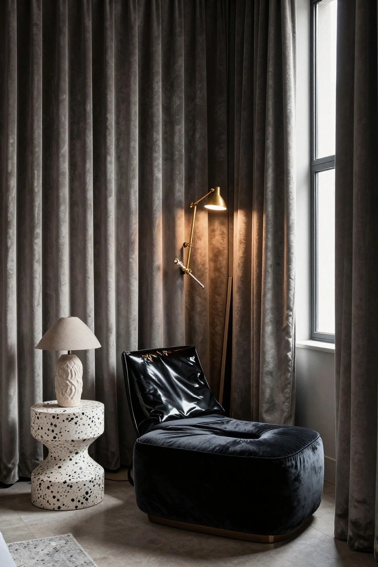 A bedroom corner with floor-to-ceiling textured gray curtains framing a tall window, a black leather and velvet chaise lounge, a white speckled ceramic side table holding a lamp, and a brass wall-mounted lamp.