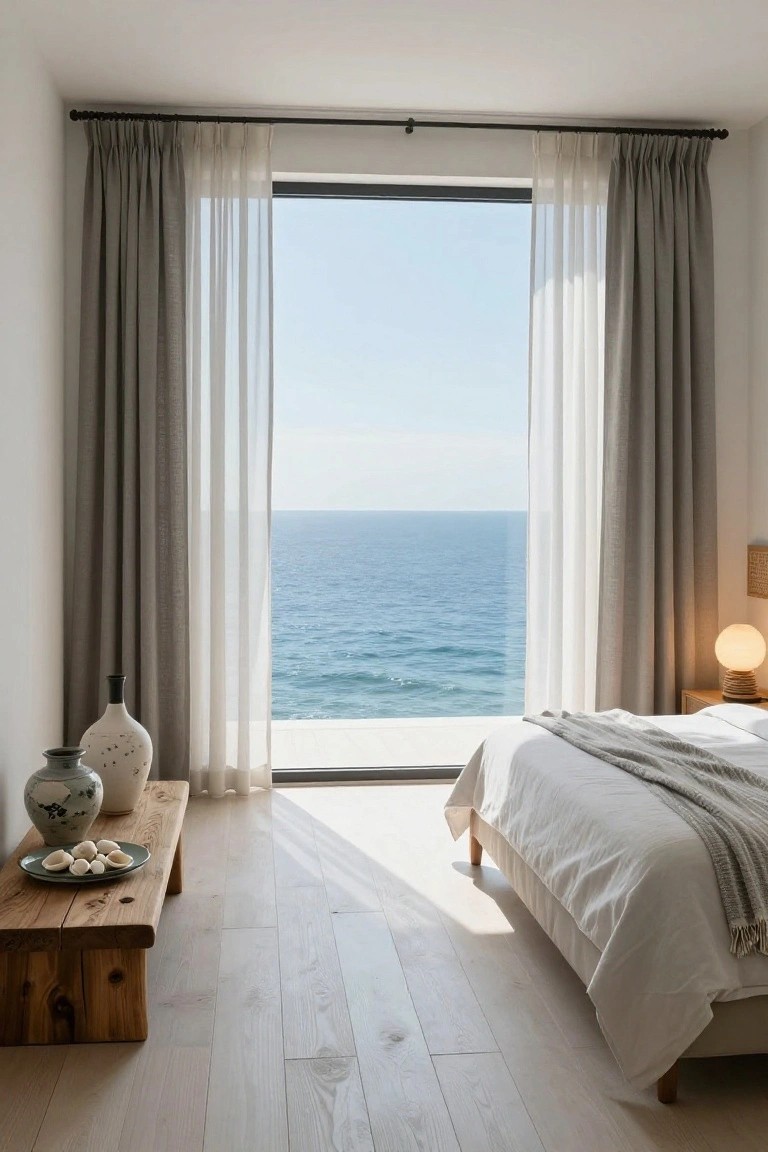 Modern bedroom with floor-to-ceiling windows covered by layered gray and off-white sheer curtains overlooking the ocean, white bed with gray throw, low wooden bench with ceramic vases and shells, and bedside table with lamp on light wood floor.