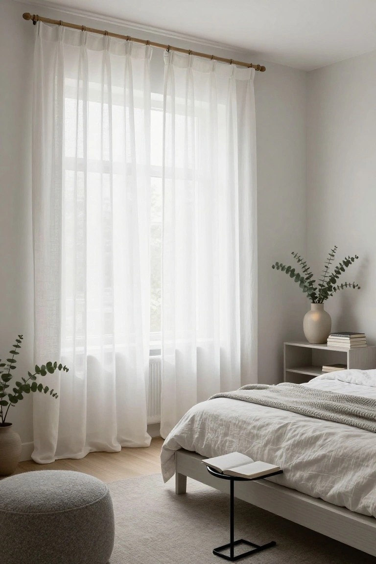 Minimalist bedroom corner with floor-to-ceiling white sheer curtains on a bamboo rod over a window, linen bed with gray throw, nightstand holding books and eucalyptus vase, small black side table, and gray pouf on light wood floors.