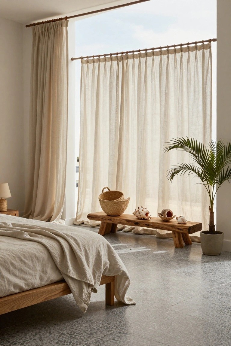 Bedroom interior featuring a low wooden bed with white linens, floor-to-ceiling sheer beige linen curtains on a large window, a wooden bench holding a woven basket and seashells, a potted palm plant, a bedside lamp, and a polished pebble floor.