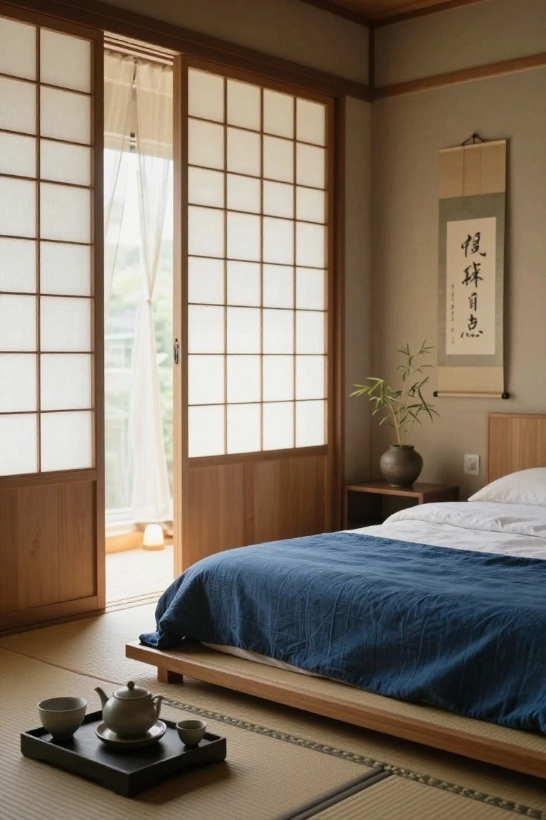 Japanese-style bedroom with open floor-to-ceiling shoji screens, low wooden platform bed with blue duvet, tatami mats, black tray holding teapot and cups, and potted bamboo plant beside nightstand.