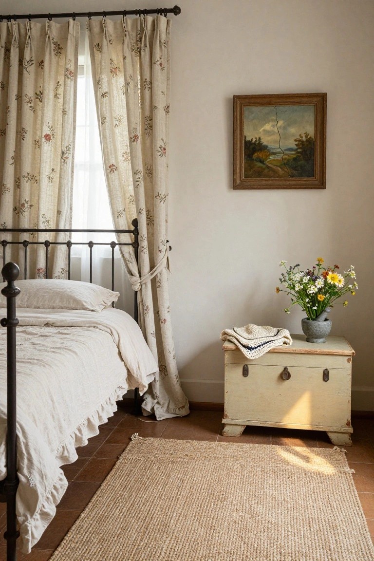 A bedroom with a black iron bed dressed in white linens and ruffles, floor-to-ceiling beige linen curtains with subtle floral print on a window, a cream wooden chest nightstand topped with a vase of wildflowers and folded linens, a landscape painting on the wall, and a seagrass rug on terracotta tile floor.
