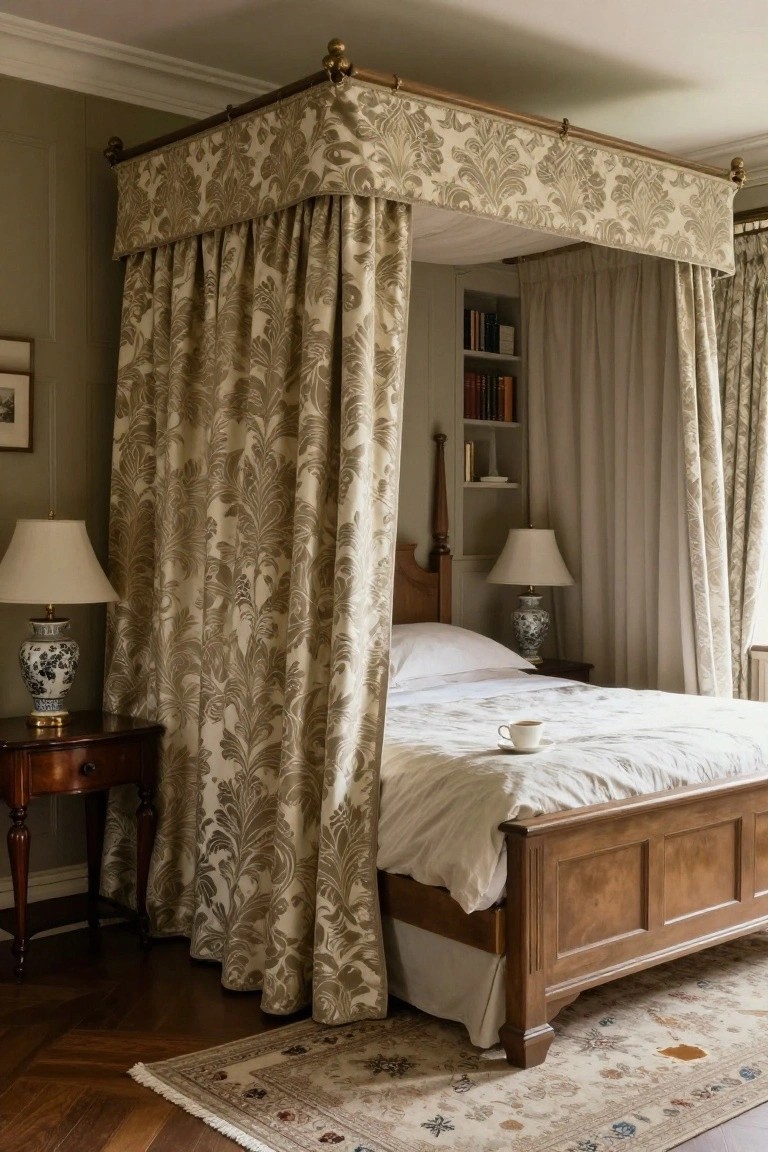 A bedroom with a wooden four-poster bed enclosed by beige floral-patterned floor-to-ceiling curtains, two ceramic lamps on side tables, bookshelves, and a Persian rug on hardwood floors.