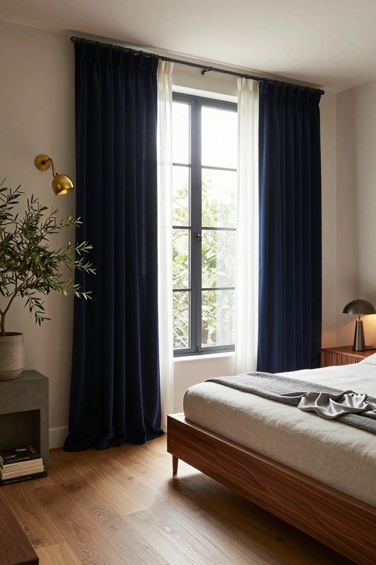 Modern bedroom with navy curtains, wooden bed, and brass sconce.