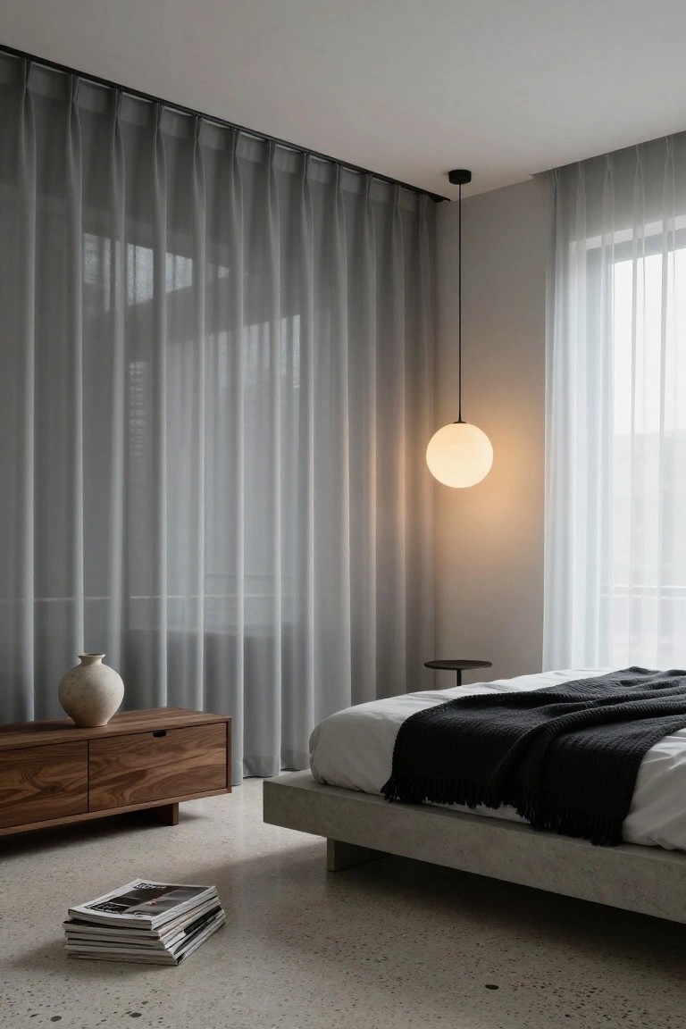 Modern bedroom interior featuring gray sheer floor-to-ceiling curtains on one wall, white sheer curtains on another, a platform bed with black throw, walnut low dresser with vase, side table, pendant light, and stacked magazines on terrazzo floor.