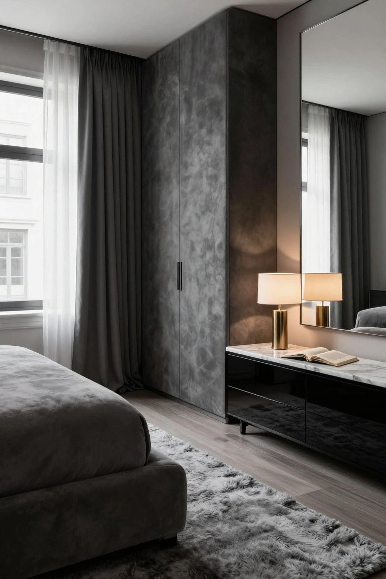 Modern bedroom with gray upholstered bed on fluffy rug, black glossy low dresser topped with marble, brass lamps, and open book, tall textured gray wardrobe, and floor-to-ceiling sheer white curtains on tall windows.