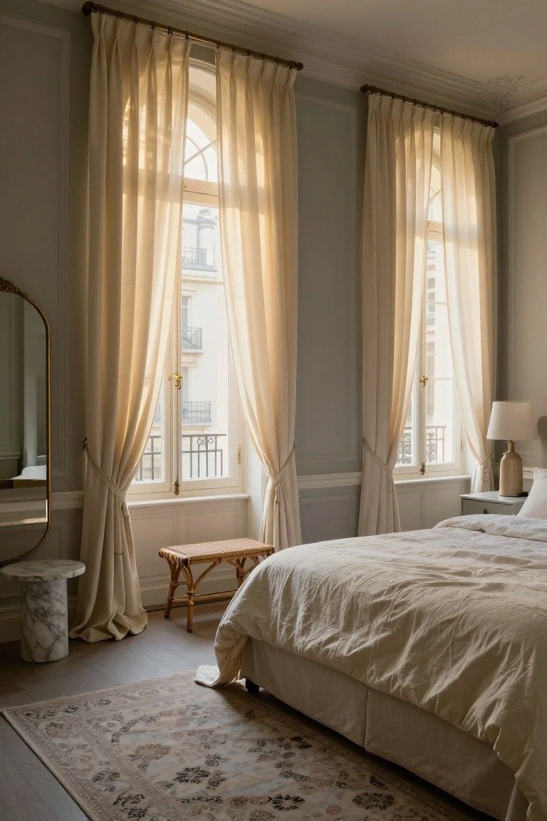 A light-filled bedroom with floor-to-ceiling sheer curtains on tall arched windows overlooking a Parisian building, a bed with white linens, rattan bench, marble side table, and patterned rug on wood floors.