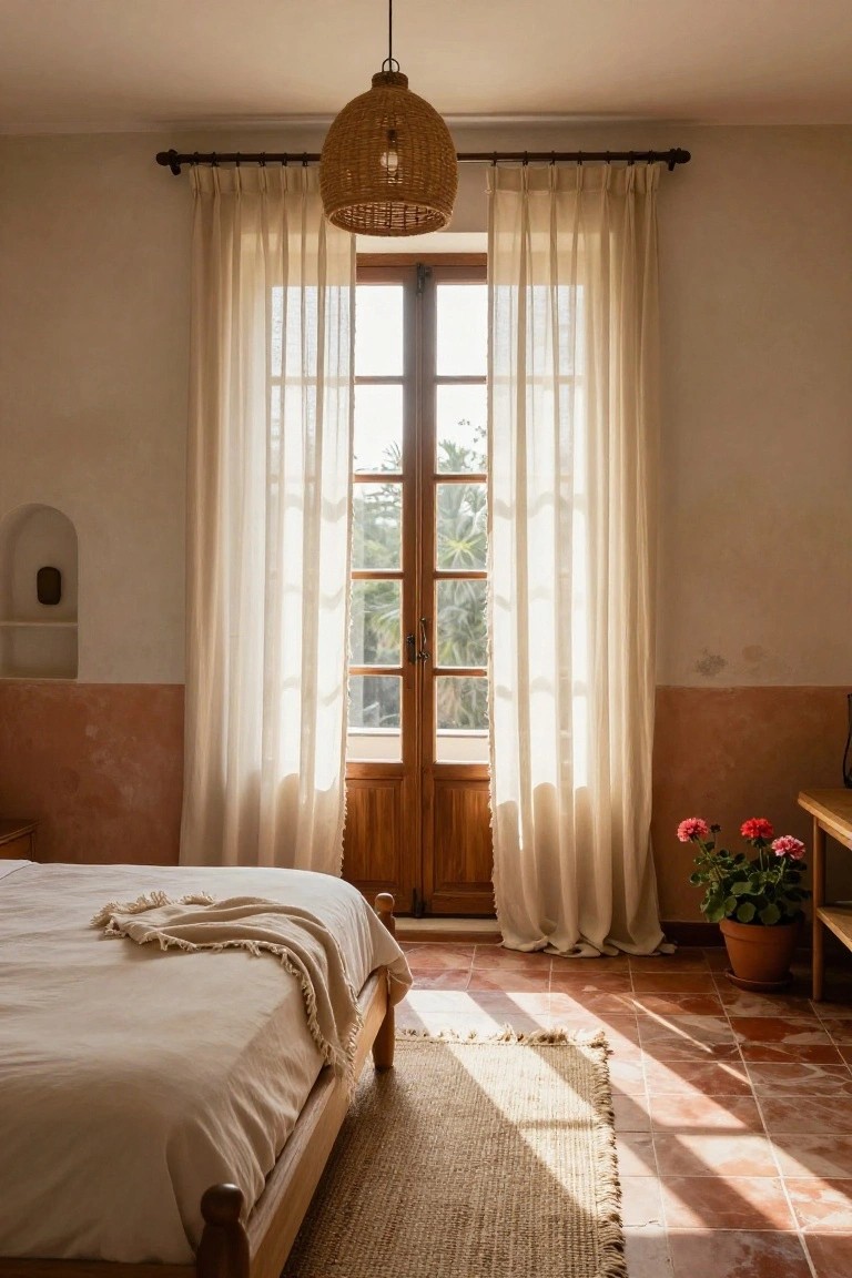 Bedroom interior featuring a wooden bed with white linens, floor-to-ceiling sheer white curtains on wooden French doors with a view of palm trees, rattan pendant light, potted plants on a side table, and terracotta tile floor.
