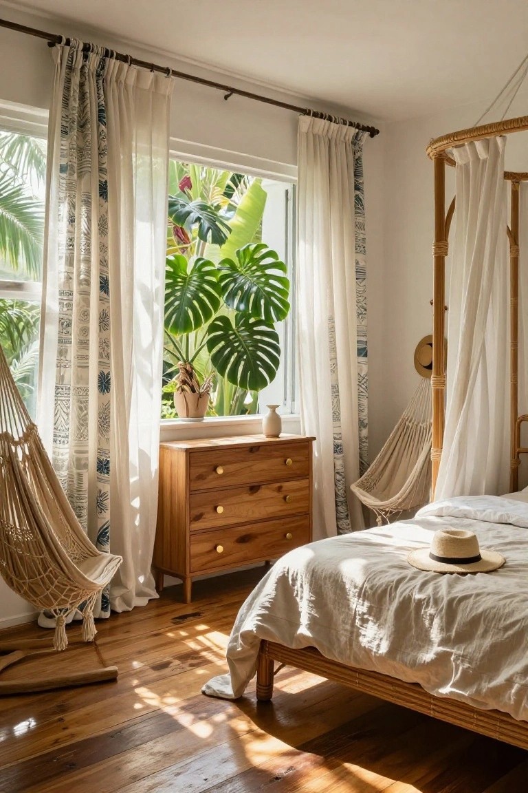 Sunlit bedroom with white bed topped by straw hat, wooden dresser, two hanging hammocks, rattan bed frame, and sheer floor-to-ceiling curtains patterned in blue and white framing a large monstera plant outside the window.