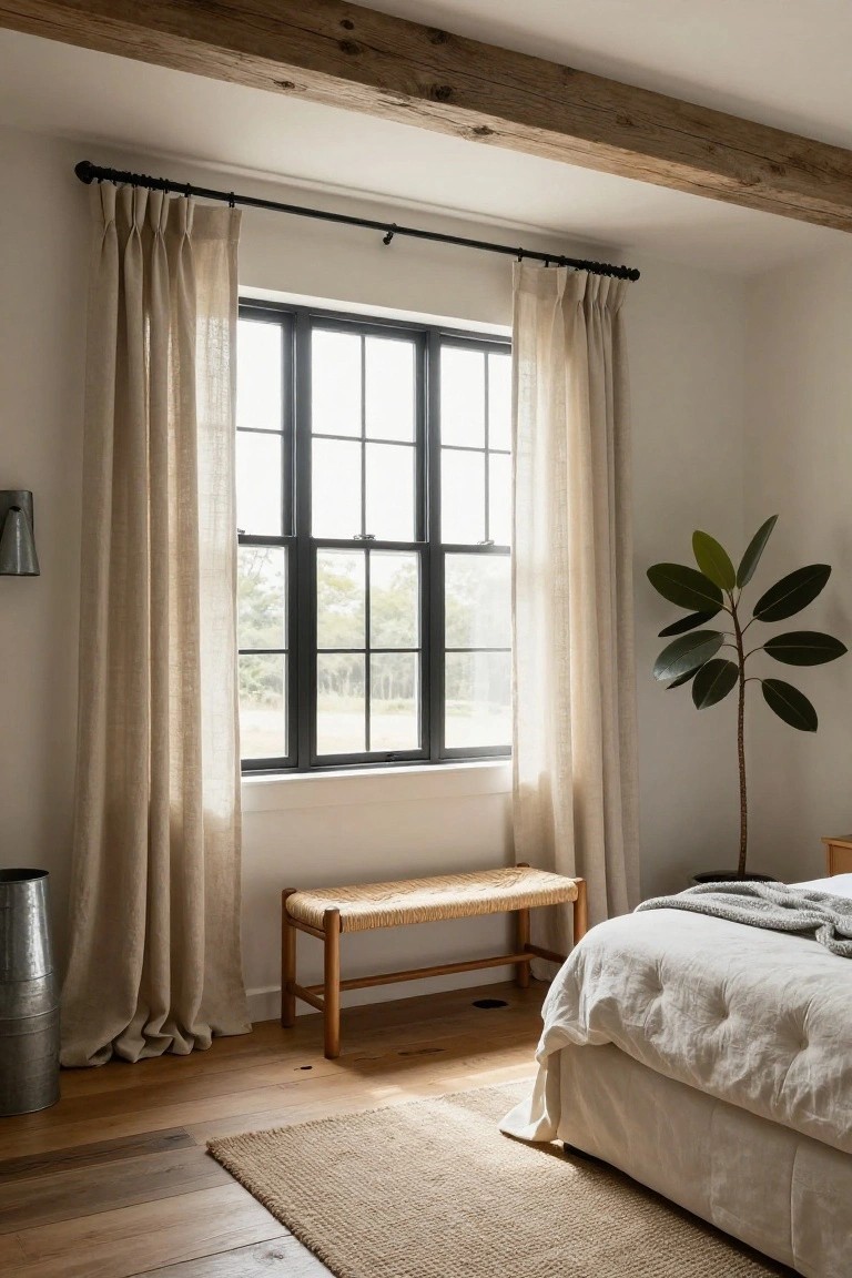 Bedroom corner showing floor-to-ceiling sheer beige linen curtains on black-framed grid windows, wood bench, potted rubber plant, bed with white linens, metal bucket, and oak floors under exposed beams.