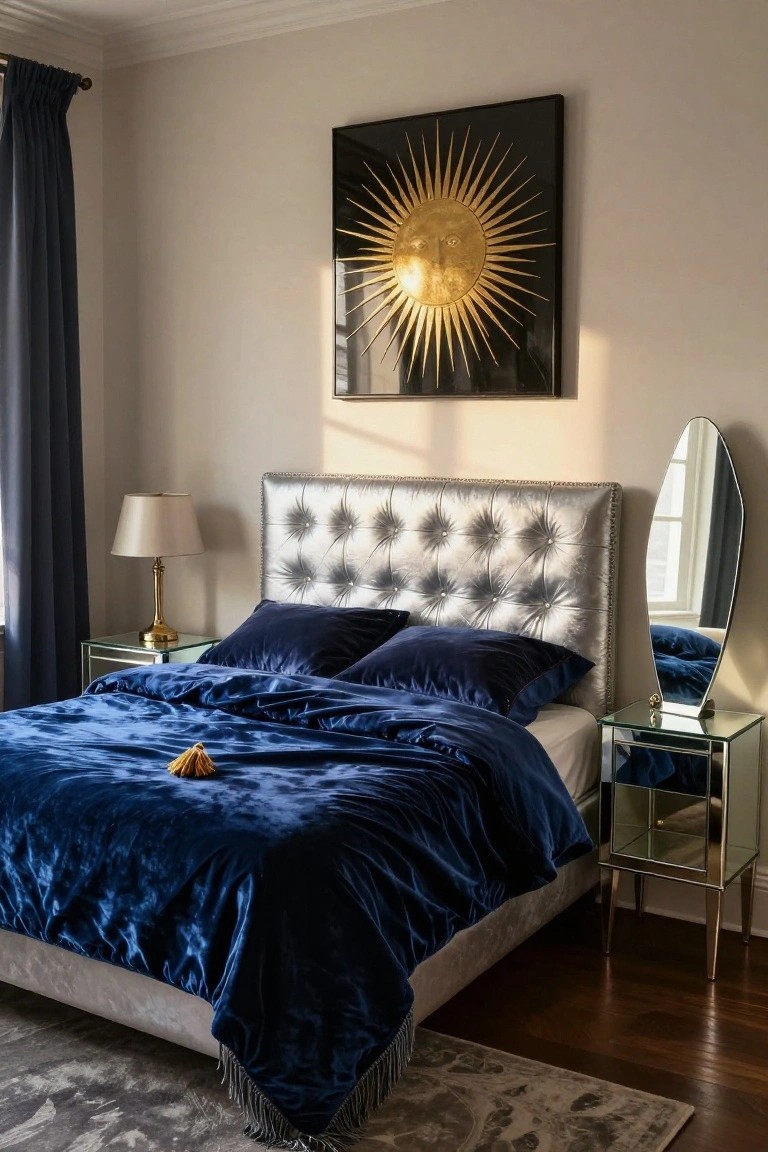 Bedroom with silver tufted upholstered headboard, navy velvet bedding and floor-length curtains on a side window, gold sunburst wall art, freestanding oval mirror, and glass nightstands on wood floor.