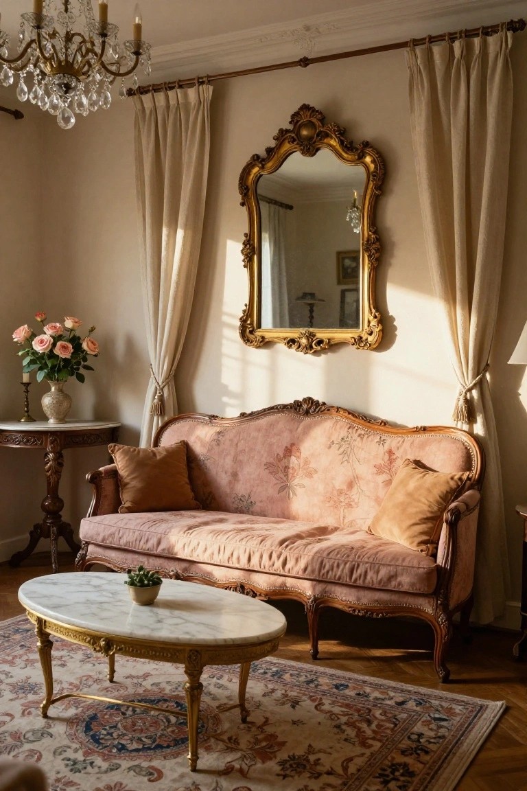 A pink floral-upholstered antique-style loveseat with cabriole legs in a sunlit living room featuring beige curtains, a large gold-framed mirror, crystal chandelier, marble-topped coffee table, side table with roses, and patterned rug on wood floors.