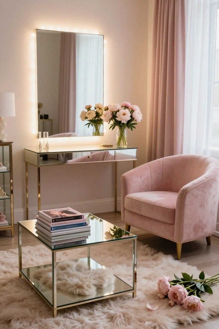 Blush pink velvet tufted armchair beside a gold-framed mirrored vanity table with LED lights, gold etagere, glass coffee table with stacked books, peony bouquets, and white shag rug in a room with pink curtains and white walls.