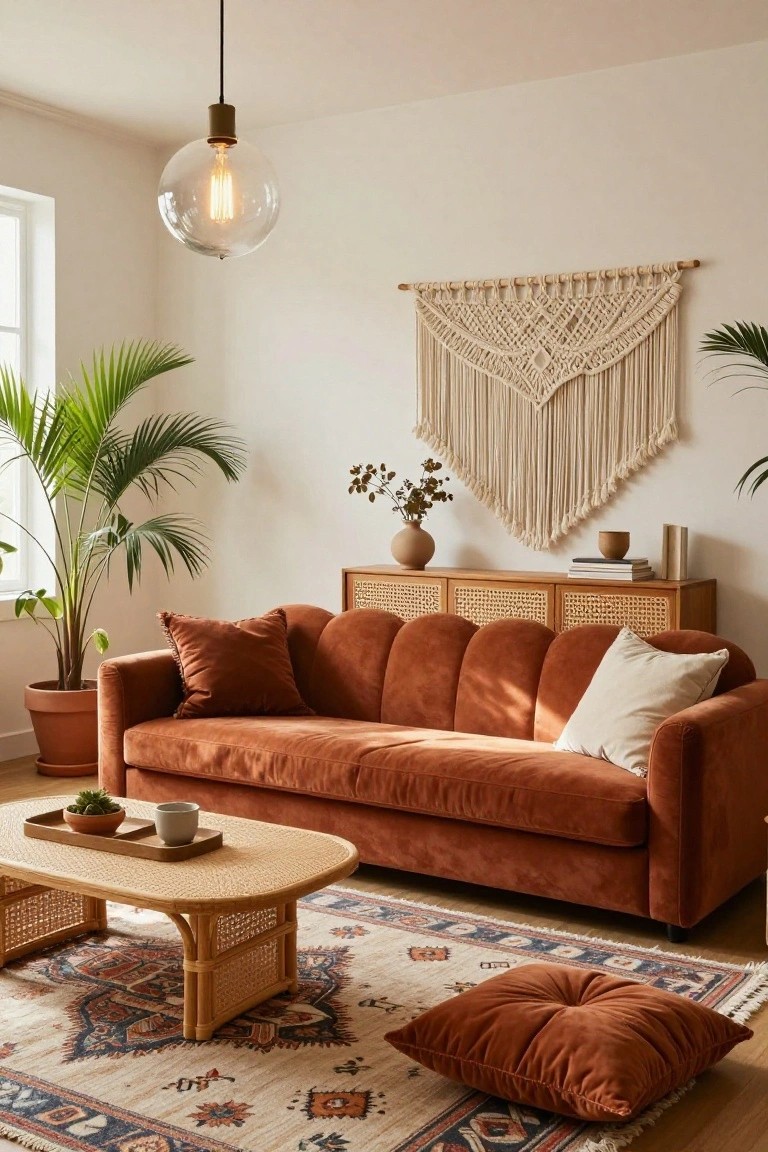 Living room with burnt orange curved velvet sofa, rattan credenza and coffee table, macrame wall hanging, potted palms, ceramic vase, and patterned rug on wood floor.