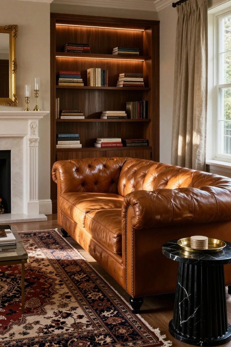 Tufted tan leather Chesterfield sofa positioned in front of a white marble fireplace in a wood-paneled room with built-in bookshelves, lit candles, and a patterned rug.