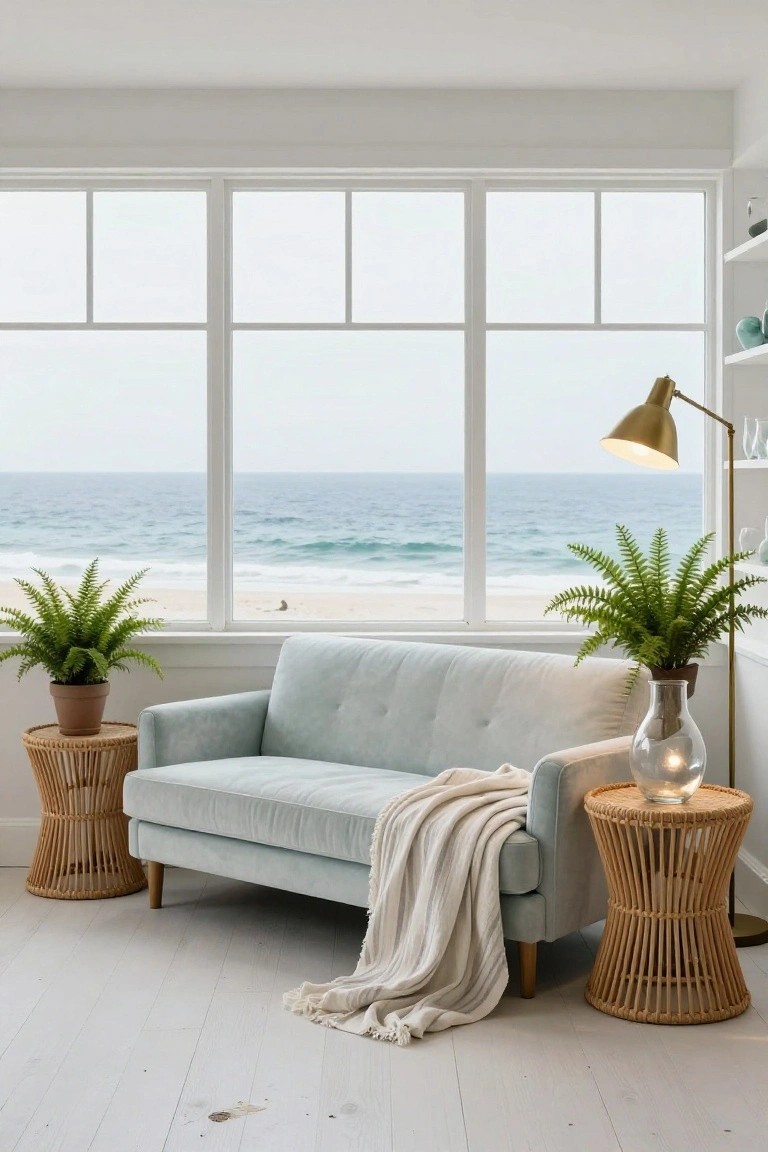 Light blue tufted velvet sofa in a white living room with large windows overlooking beach and ocean, flanked by rattan side tables with potted ferns, a glass vase, floor lamp, and neutral throw.