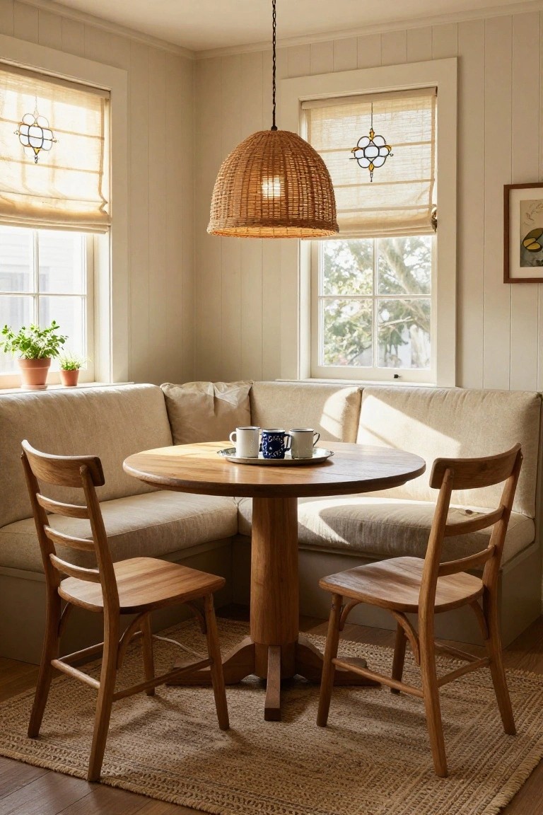 Beige corner banquette with wooden round pedestal table, two wooden chairs, teacups on a tray, plants on windowsill, rattan pendant light, in a light-walled room with sheer shades on multipaned windows.