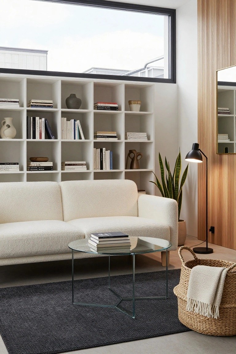 Modern living room featuring a white bouclé three-seater sofa, glass coffee table with stacked books, white bookshelves filled with books and ceramics, black floor lamp, snake plant, wood-paneled wall, and large window.