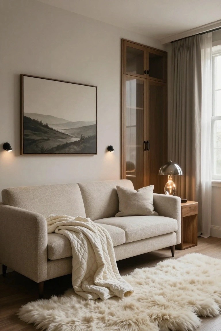 Beige fabric two-seater sofa with a white quilted throw blanket draped over the back and arm, on a white shag rug in a neutral-toned living room featuring wall art, wall sconces, a wood side table with lamp, and glazed cabinets.