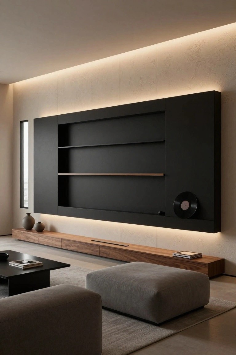 Modern living room with large black built-in wall unit featuring open shelves, wood accents, integrated LED lighting, walnut console below, black coffee table, and two gray ottomans on light flooring.