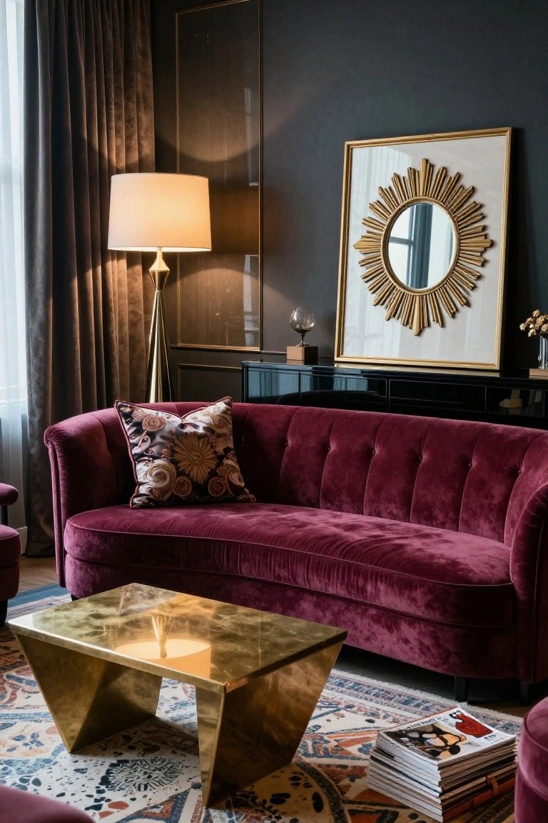 A modern living room with a curved deep red velvet sofa, brass coffee table, gold floor lamp, sunburst mirror on dark wall, black sideboard, and patterned rug.