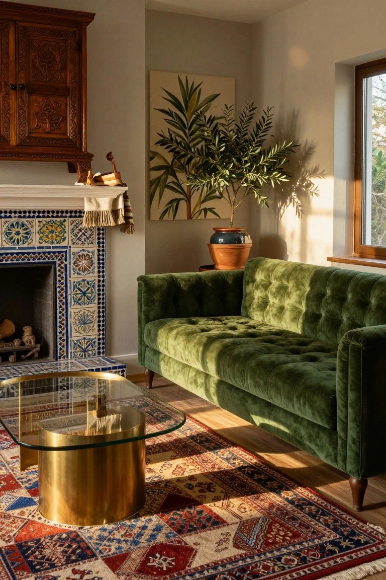 Living room with green tufted velvet sofa, gold metal and glass coffee table on red and blue patterned rug, blue and yellow tiled fireplace, carved wooden cabinet, potted olive tree, and wall art near window.
