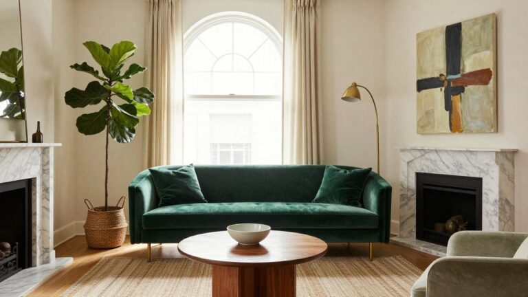 21 Gorgeous Luxury Furniture Sofa Ideas That Feel Effortlessly Stylish A green velvet sofa sits in a living room with white walls, a marble fireplace, wood coffee table, large potted plant, and abstract wall art.