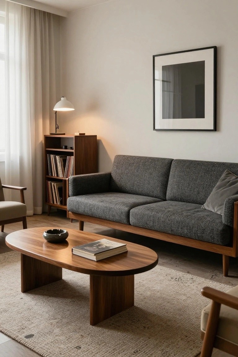 A minimalist living room with a low-profile two-seater sofa in dark gray textured fabric on wooden legs and frame, oval wooden coffee table holding a book and ashtray, wooden bookshelf with vinyl records, beige armchair, floor lamp, and black-framed artwork beside a window with sheer white curtains.